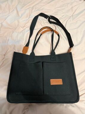 Black Canvas Tote Bag with Tan Accents